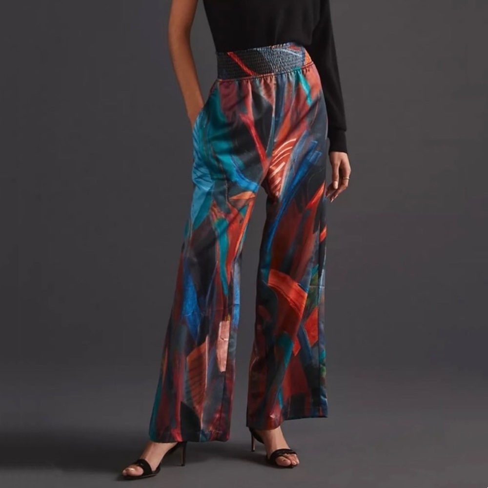Hutch Geo Wide-Leg Pants, Multicolor Feather Motif